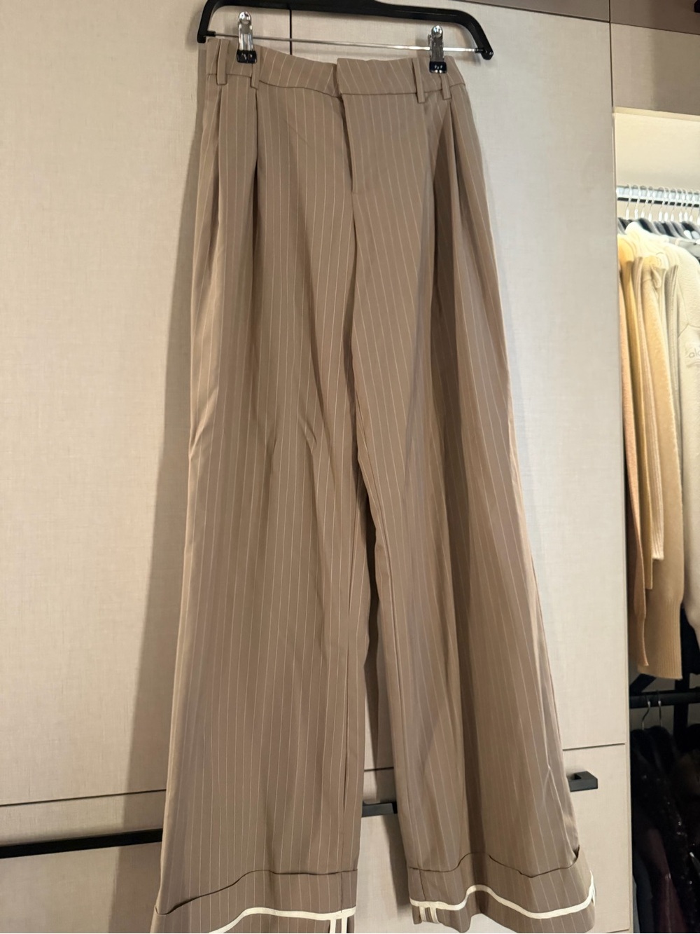 stradivarius Beige Pinstripe Wide-Leg Trousers